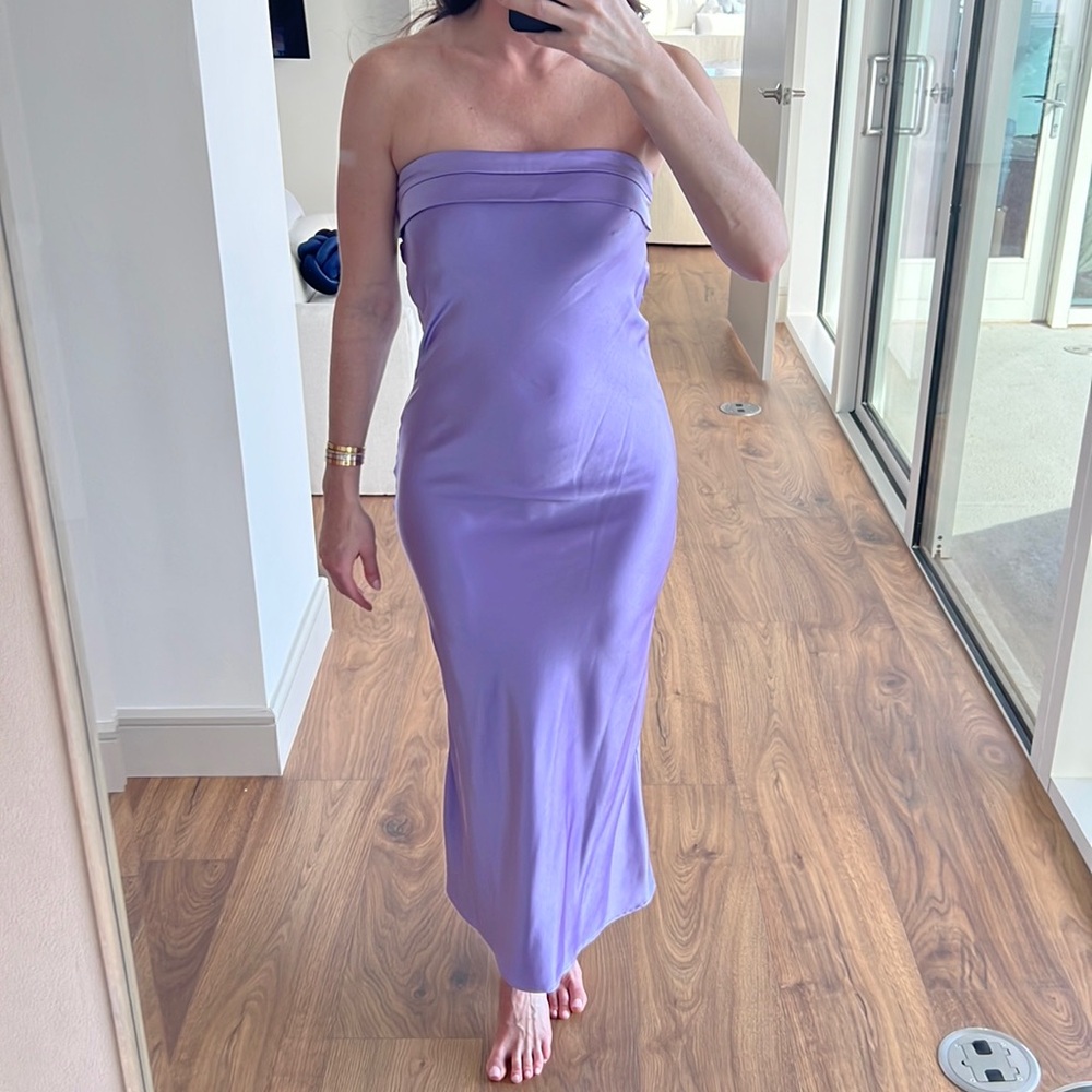 Strapless lilac silk maxi dress